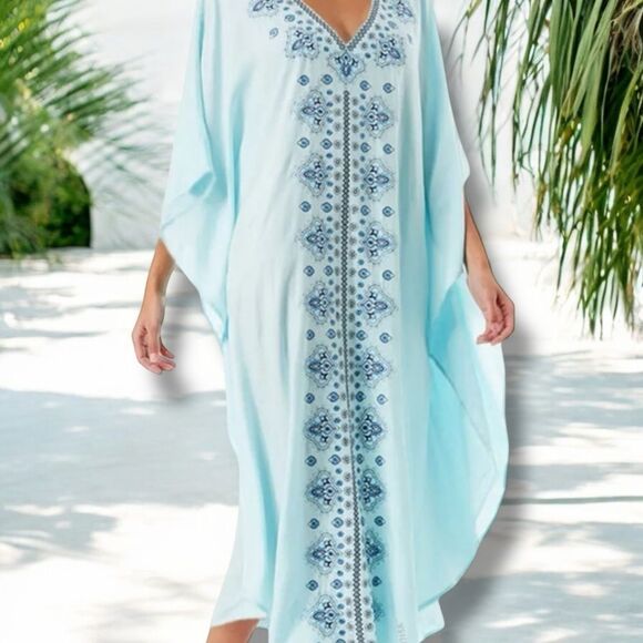 V Neck Relaxed Fit Blue Embroidered Kaftan Dress Cover Ups - NEW - Picture 3 of 3